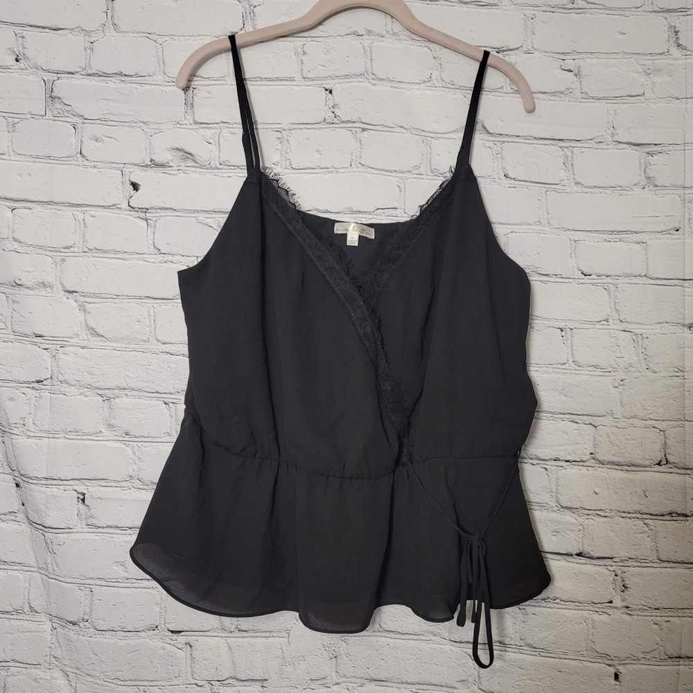 Nine Britton Black Lace Trim Faux Wrap Peplum Camisole Top XL Adjustable Straps